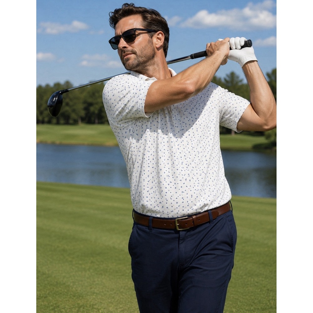 Jack Nicholas Mens Golf Polo Shirt White W Blue design Size Large UPF 50